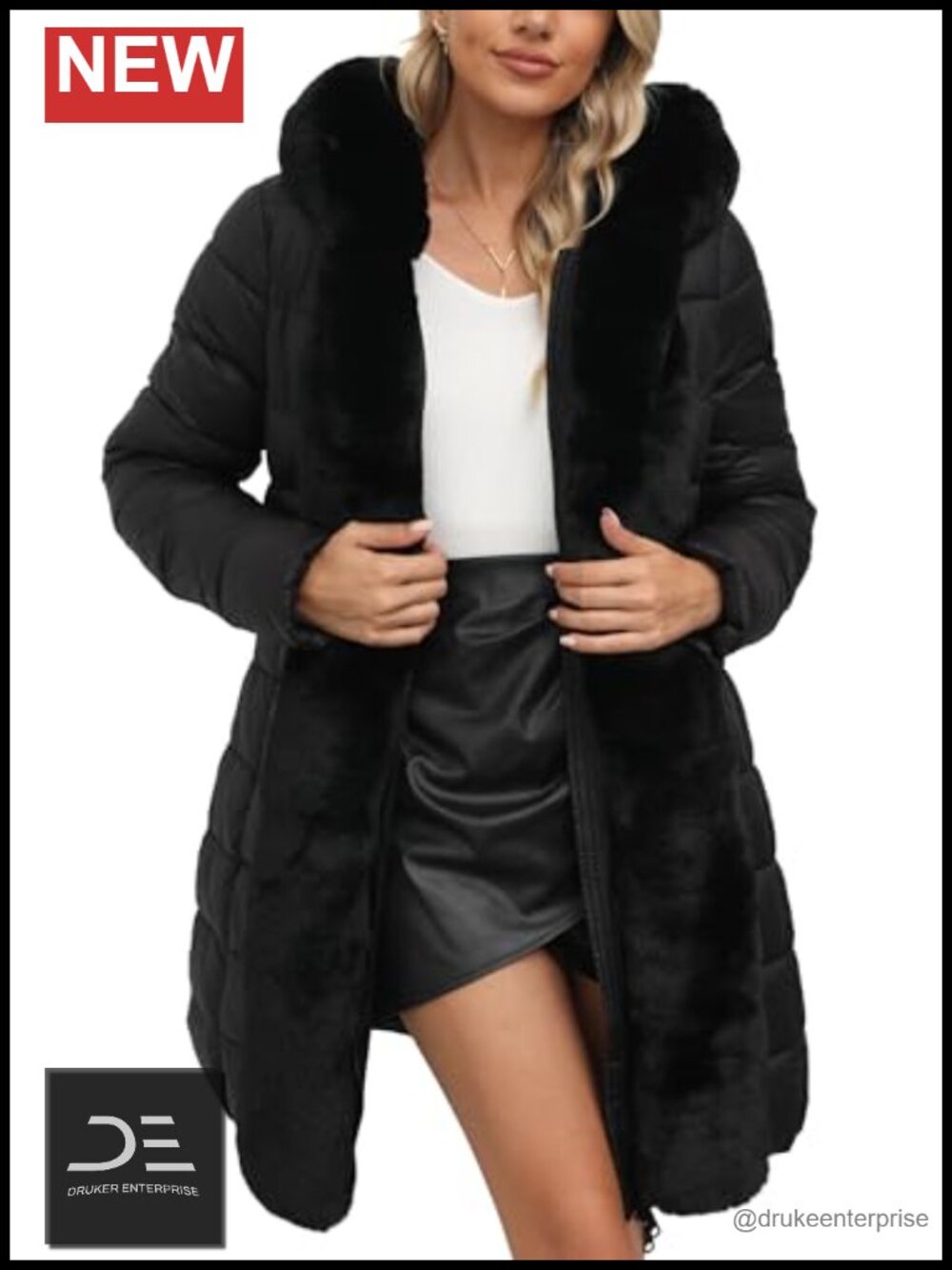 Women's Faux Leather Quilted Puffer Jacket Hooded Winter Coat